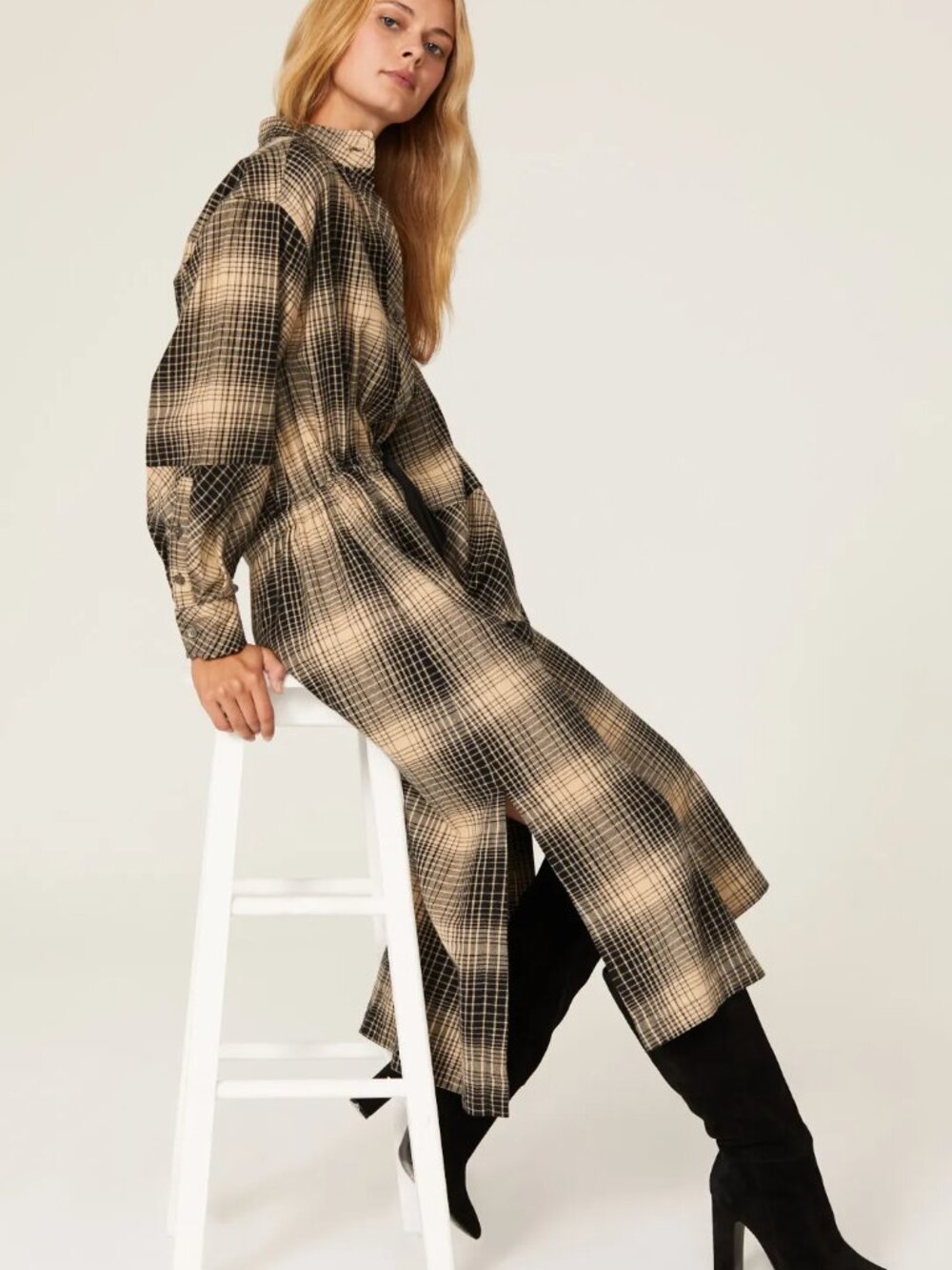 JOIE Ardine Plaid Flannel shirt dress - FALL Perfection Midi Black Tan Button Up - Picture 8 of 16